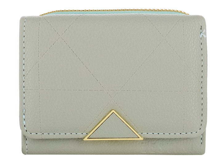 Monedero Felianna color verde con cierre superior dorado y un adorno metálico triangular en la solapa.
