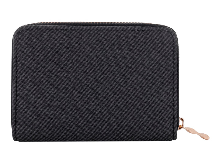 Monedero negro de marca Zestini con textura diagonal y cierre metálico dorado.