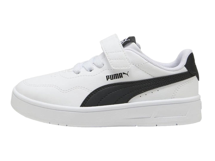 Tenis PUMA blancos para Niño con franja negra lateral y cierre de velcro.