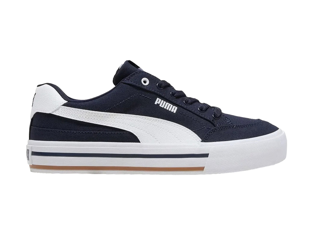 Tenis PUMA Court Classic Vulc en color azul marino con detalles y suela blanca.