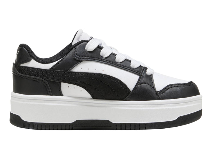 Tenis PUMA para Niña en colores blanco y negro con suela de plataforma blanca.