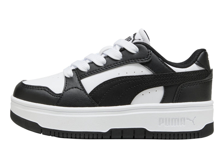 Tenis PUMA para Niña en colores blanco y negro con suela de plataforma blanca.