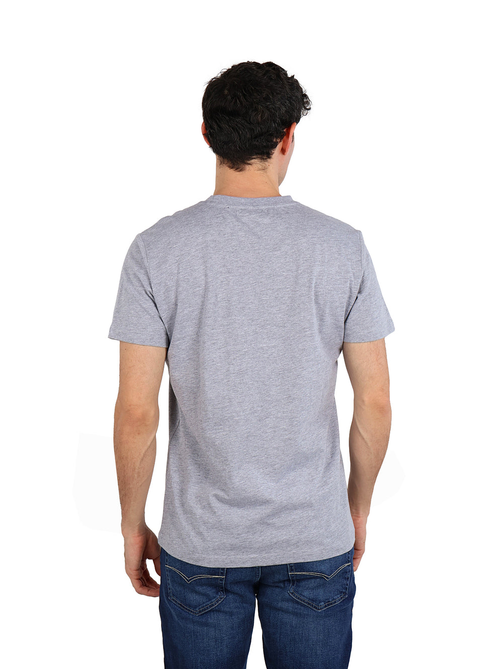 Hombre vistiendo una camiseta de manga corta color gris con un estampado gráfico en el pecho.