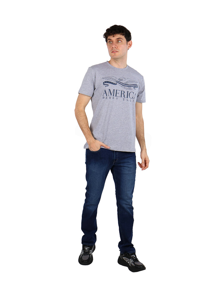 Hombre vistiendo una camiseta de manga corta color gris con un estampado gráfico en el pecho.