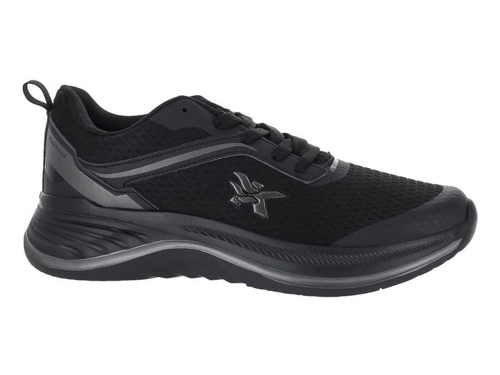 Tenis deportivos color negro con detalles en gris oscuro y suela ergonómica.