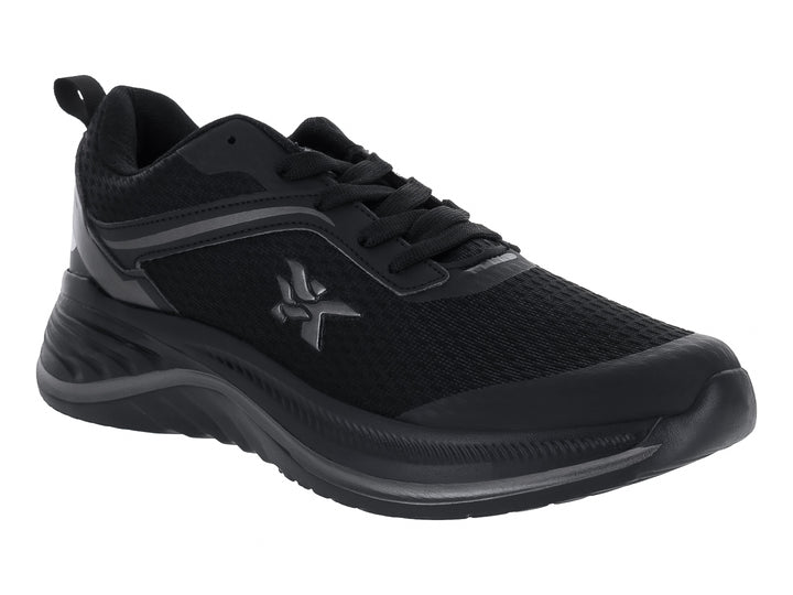 Tenis deportivos color negro con detalles en gris oscuro y suela ergonómica.