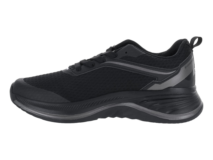 Tenis deportivos color negro con detalles en gris oscuro y suela ergonómica.