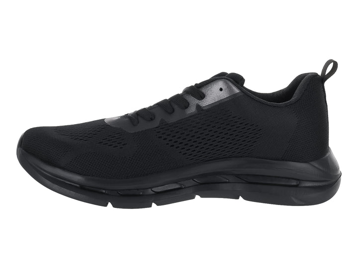 Tenis deportivos color negro con malla transpirable y suela gruesa.