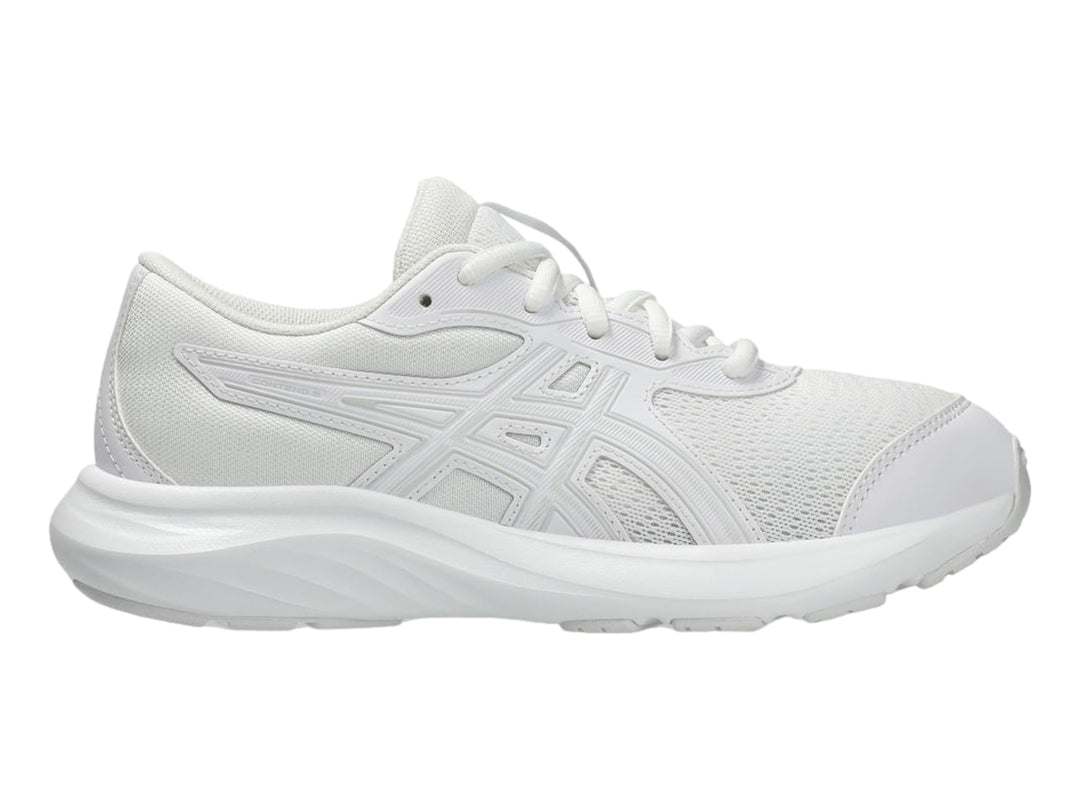 Tenis deportivos ASICS para niños en color blanco total con malla transpirable y suela blanca.