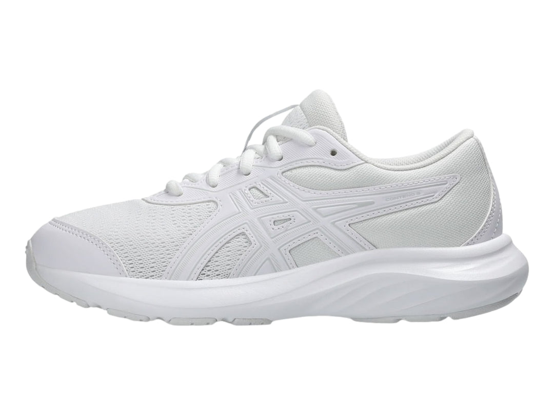 Tenis deportivos ASICS para niños en color blanco total con malla transpirable y suela blanca.