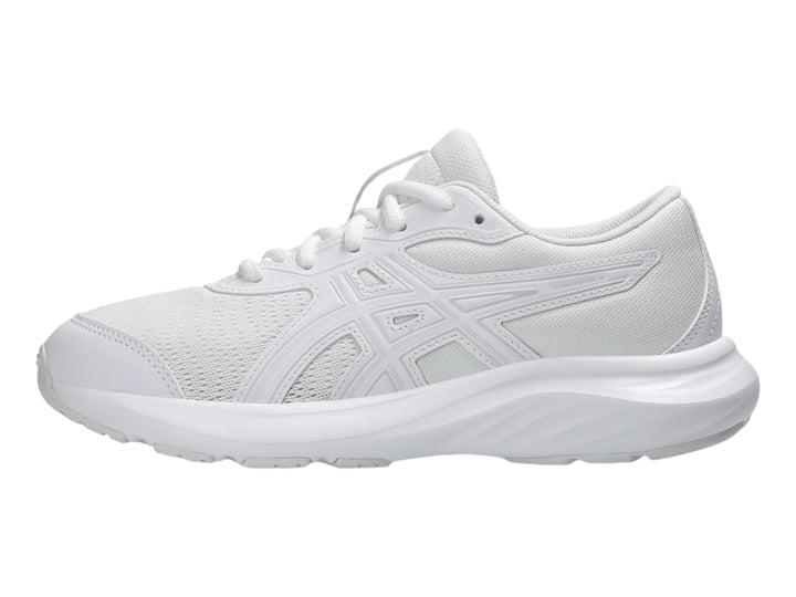 Tenis deportivos ASICS para niños en color blanco total con malla transpirable y suela blanca.