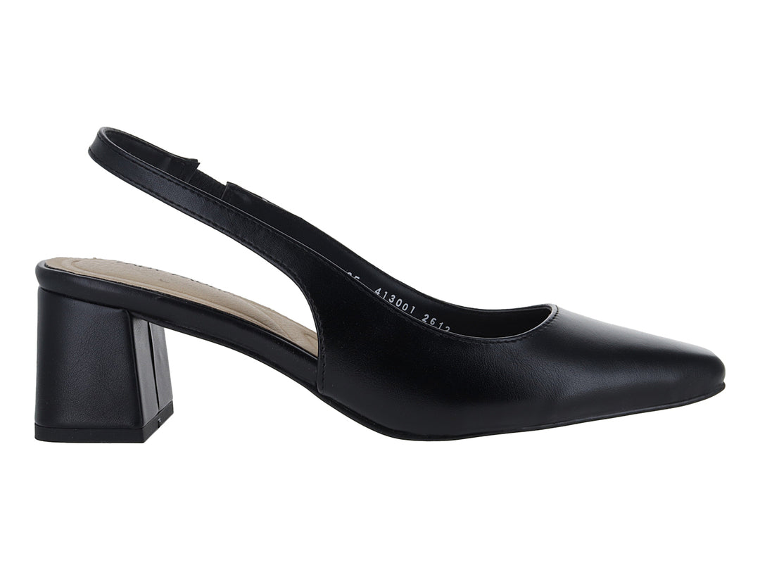 Zapato de tacón cuadrado color negro con correa posterior estilo slingback para mujer.