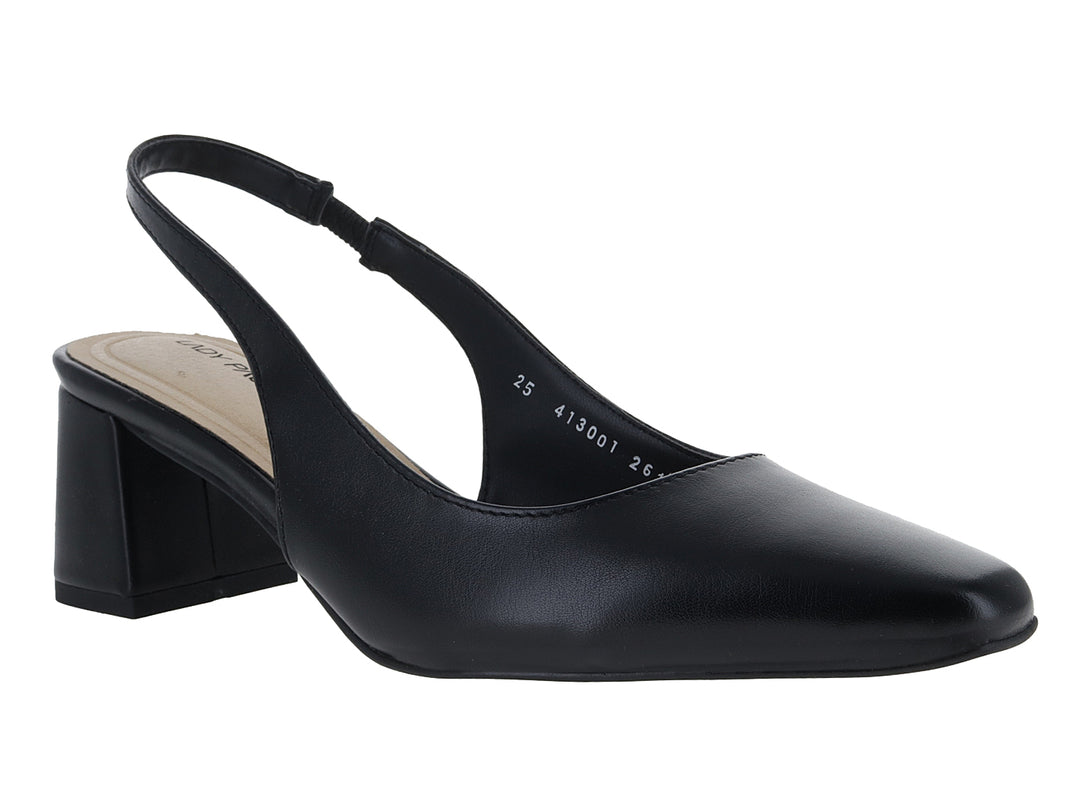 Zapato de tacón cuadrado color negro con correa posterior estilo slingback para mujer.