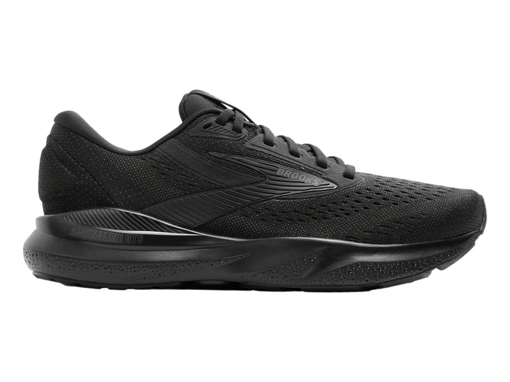 Zapato deportivo Brooks Adrenaline GTS 24 en color negro total con malla transpirable y suela amortiguada.