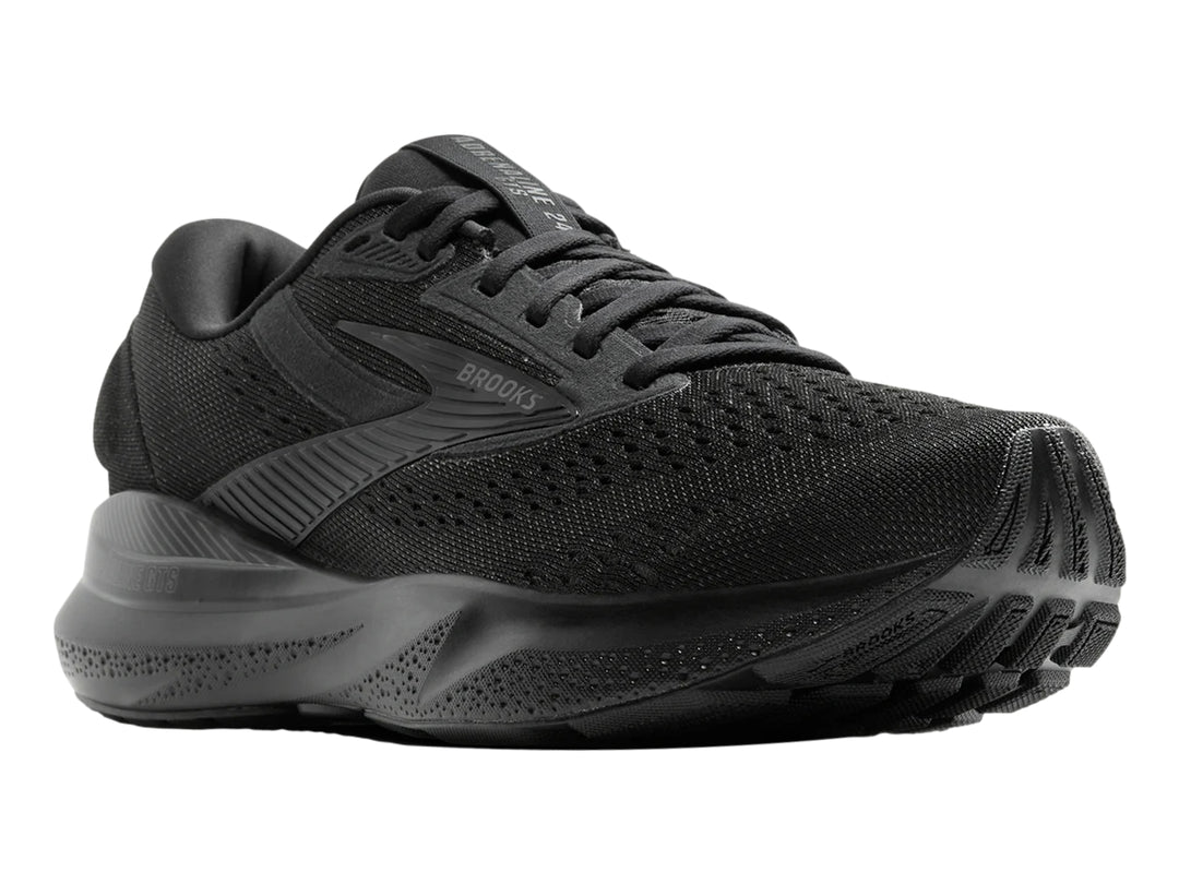 Zapato deportivo Brooks Adrenaline GTS 24 en color negro total con malla transpirable y suela amortiguada.
