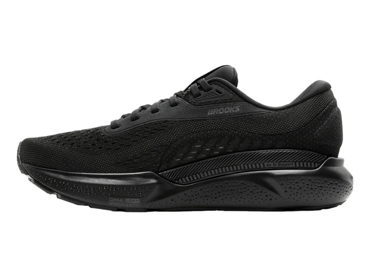 Zapato deportivo Brooks Adrenaline GTS 24 en color negro total con malla transpirable y suela amortiguada.