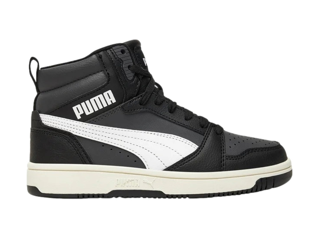 Tenis PUMA Rebound V6 Mid Blanco y Gris para Niño