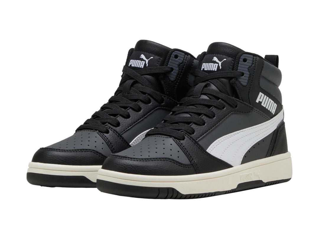 Tenis PUMA Rebound V6 Mid Blanco y Gris para Niño