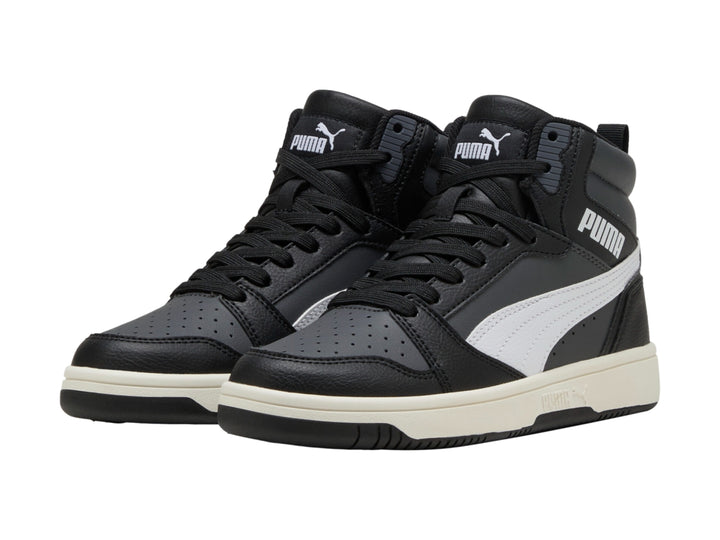 Tenis PUMA Rebound V6 Mid Blanco y Gris para Niño