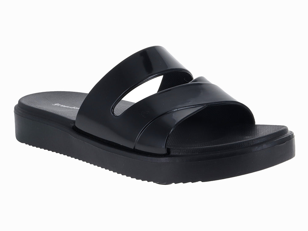 Sandalia ELEGA color negro con acabado brillante y suela de plataforma gruesa.