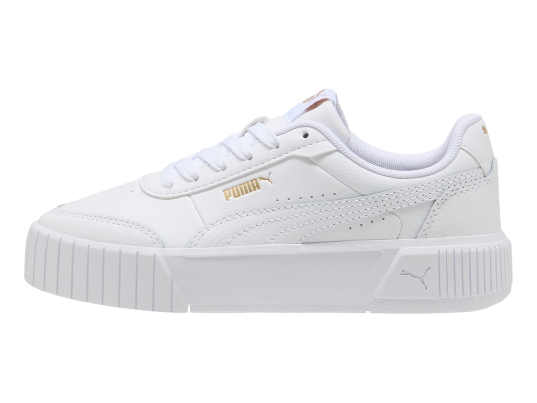 Tenis PUMA X-Cell Ayro para niños en color blanco con suela de plataforma ancha y cordones.