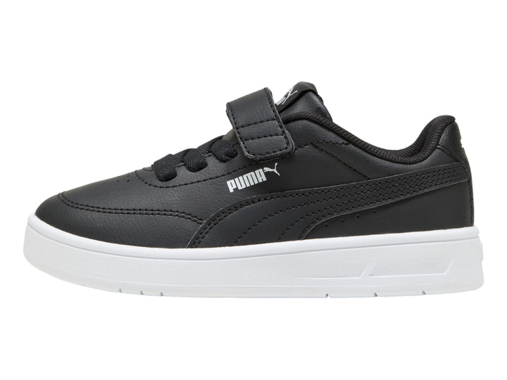 Tenis PUMA negros para Niño con suela blanca, cierre de velcro y agujetas.