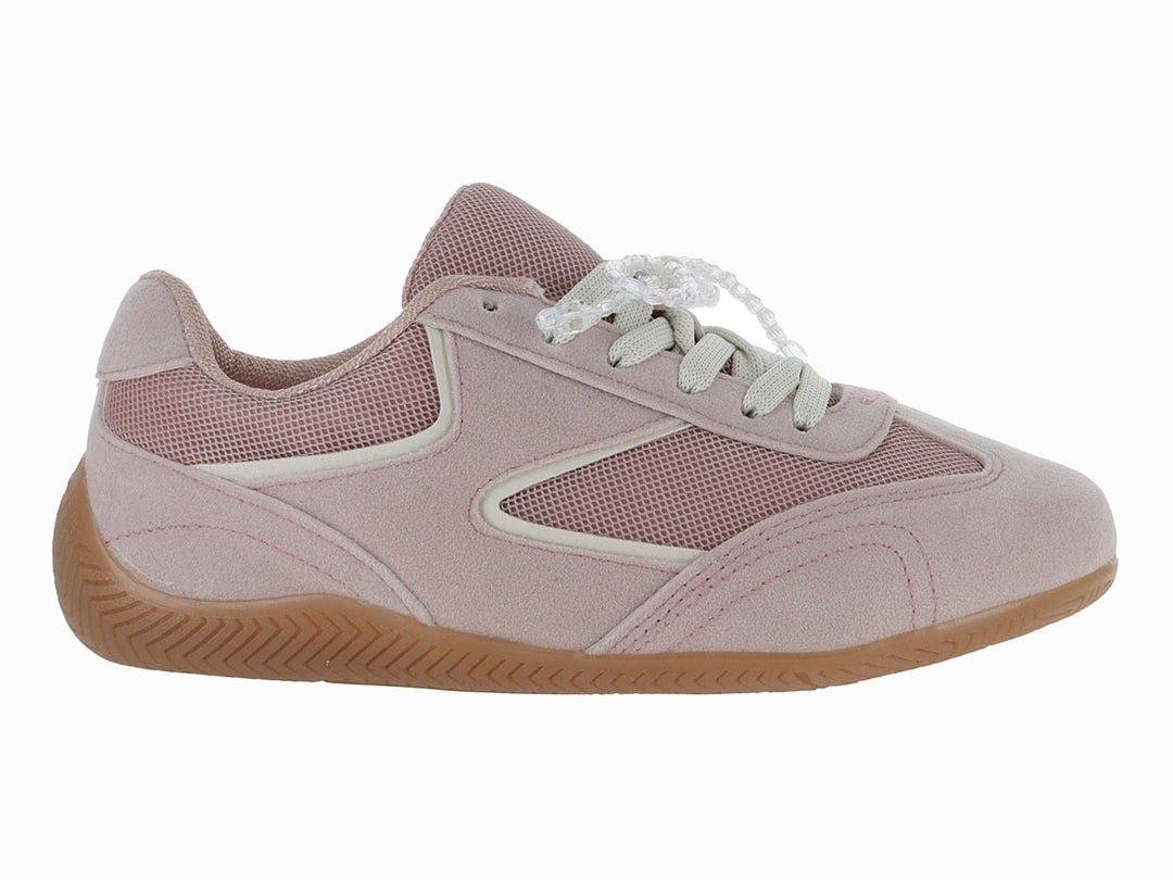 Tenis deportivos color rosa con paneles de malla, detalles blancos y suela de goma color café.