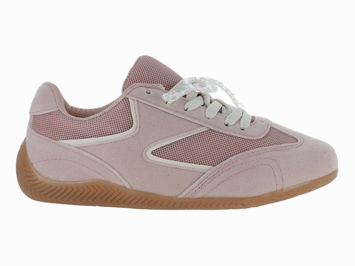Tenis deportivos color rosa con paneles de malla, detalles blancos y suela de goma color café.