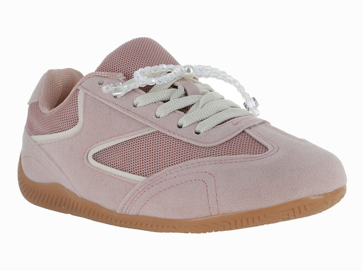 Tenis deportivos color rosa con paneles de malla, detalles blancos y suela de goma color café.