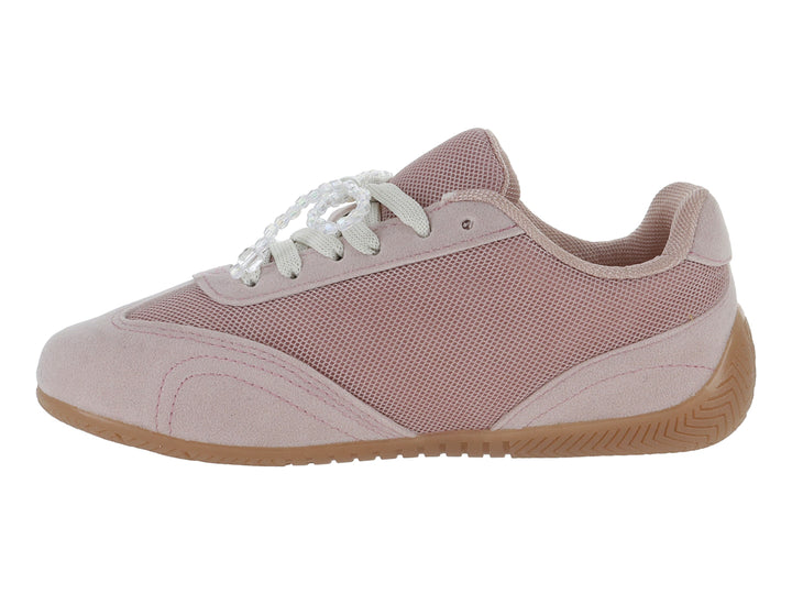 Tenis deportivos color rosa con paneles de malla, detalles blancos y suela de goma color café.