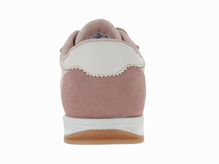 Tenis deportivos color rosa y blanco con detalles metalizados y suela blanca.