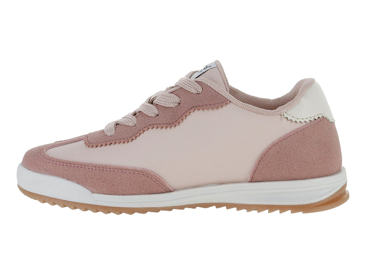 Tenis deportivos color rosa y blanco con detalles metalizados y suela blanca.