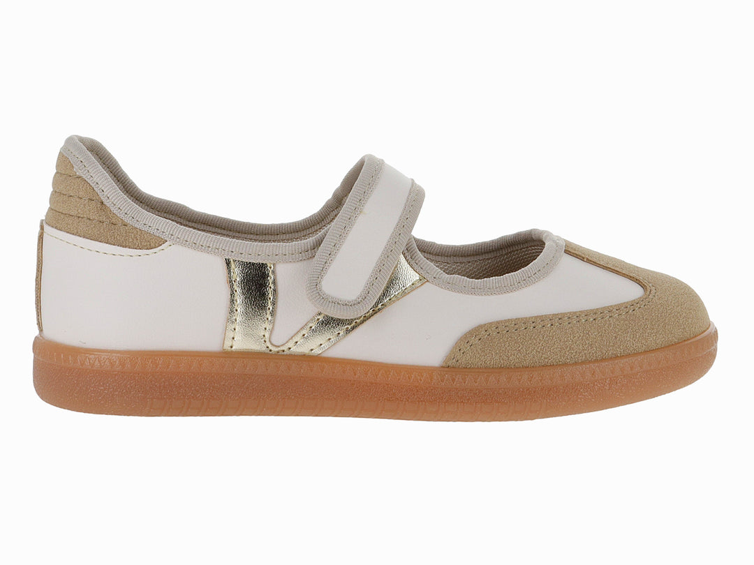 Zapato infantil VAVITO color blanco y beige con detalle dorado y cierre de velcro.