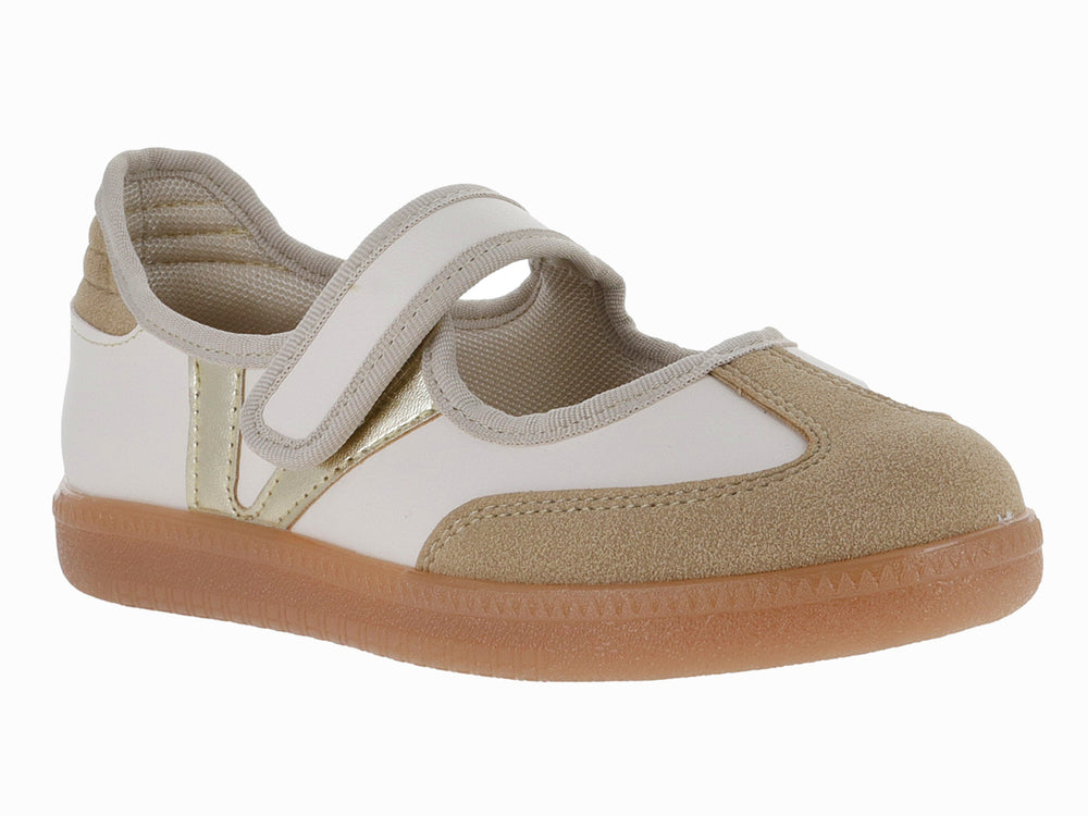 Zapato infantil VAVITO color blanco y beige con detalle dorado y cierre de velcro.