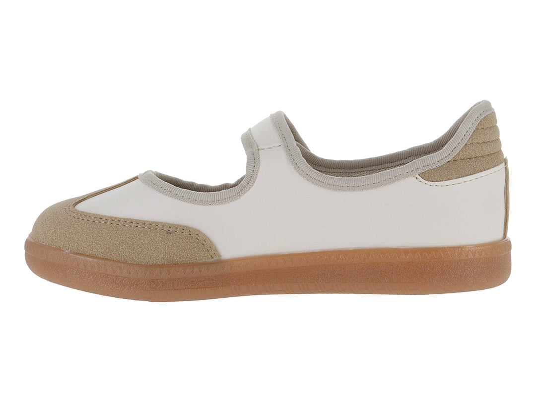 Zapato infantil VAVITO color blanco y beige con detalle dorado y cierre de velcro.