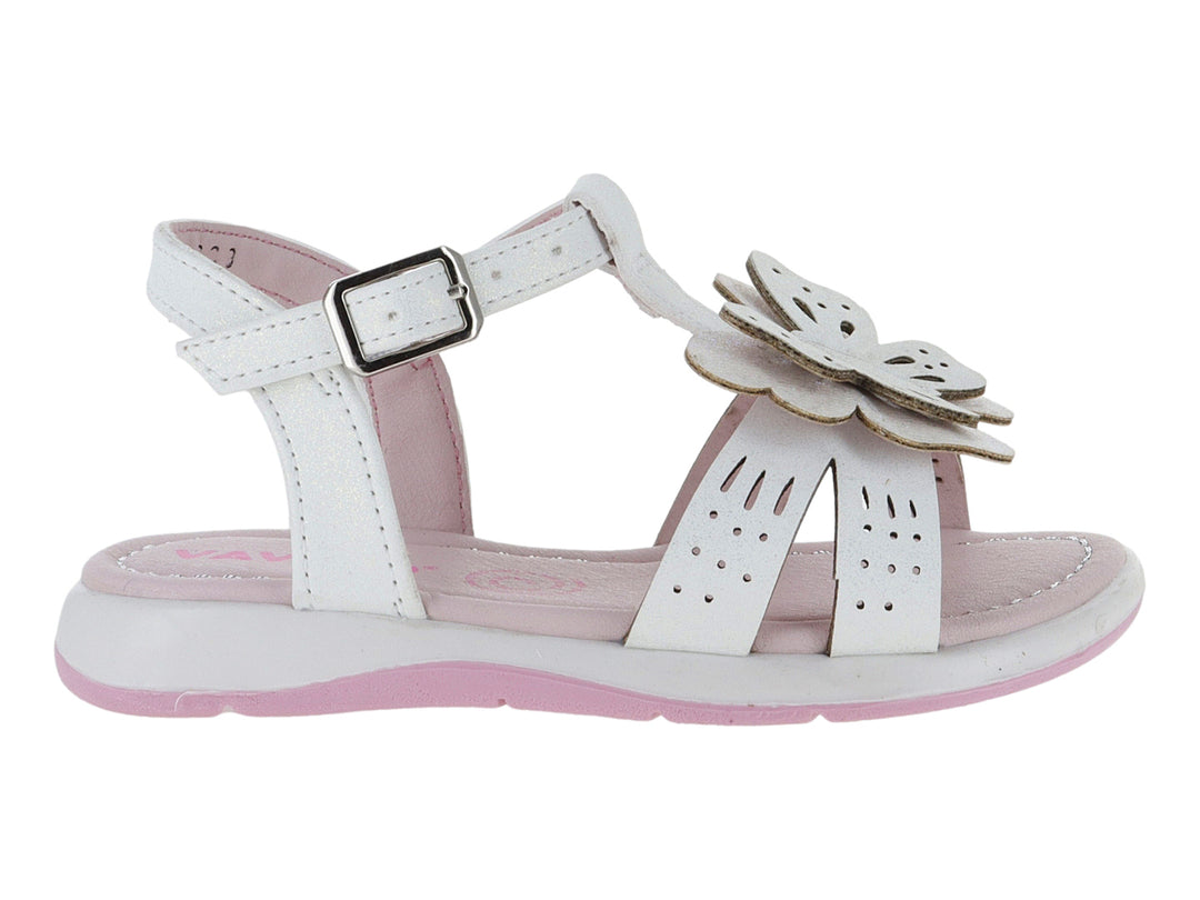 Sandalia blanca para niña con adorno de flor y suela rosa.