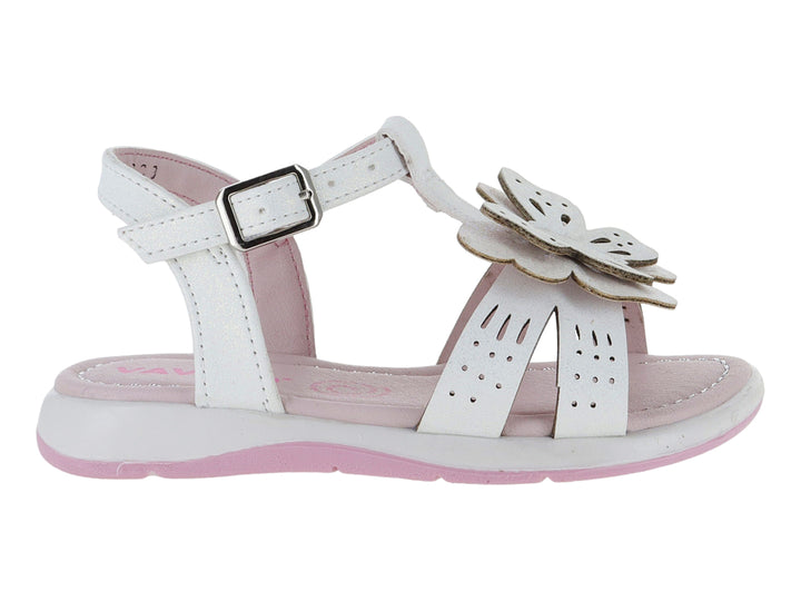 Sandalia blanca para niña con adorno de flor y suela rosa.