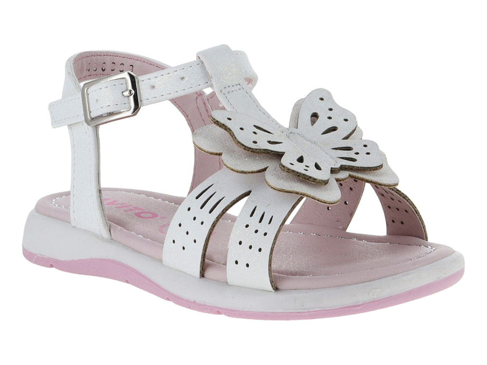 Sandalia blanca para niña con adorno de flor y suela rosa.