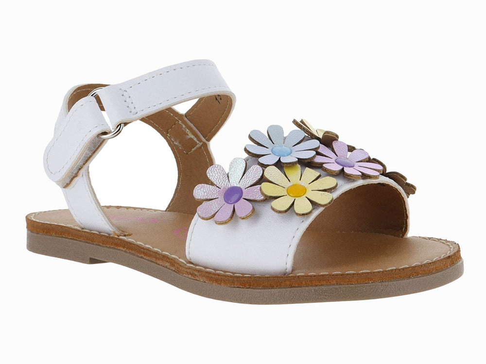 Sandalia blanca para niña con adornos de flores coloridas y correa con hebilla.