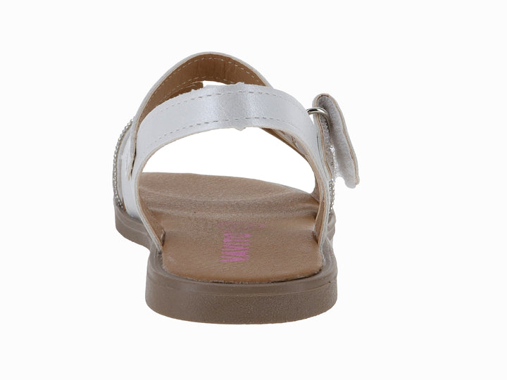 Sandalia blanca para niña con correa ajustable y detalle brillante sobre suela color café.