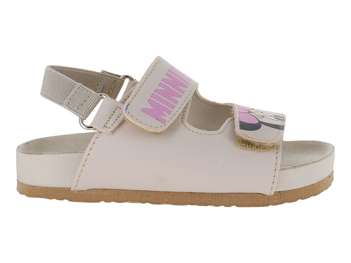 Sandalias color marfil para niña con correas de velcro y diseño de Minnie Mouse.