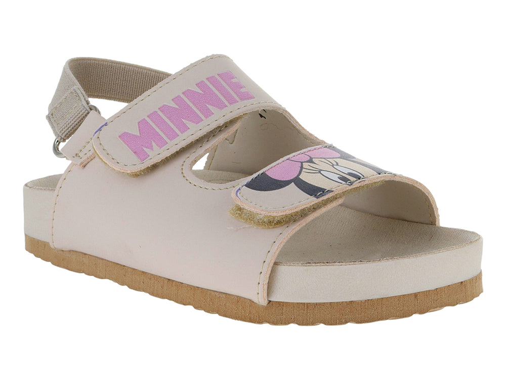 Sandalias color marfil para niña con correas de velcro y diseño de Minnie Mouse.