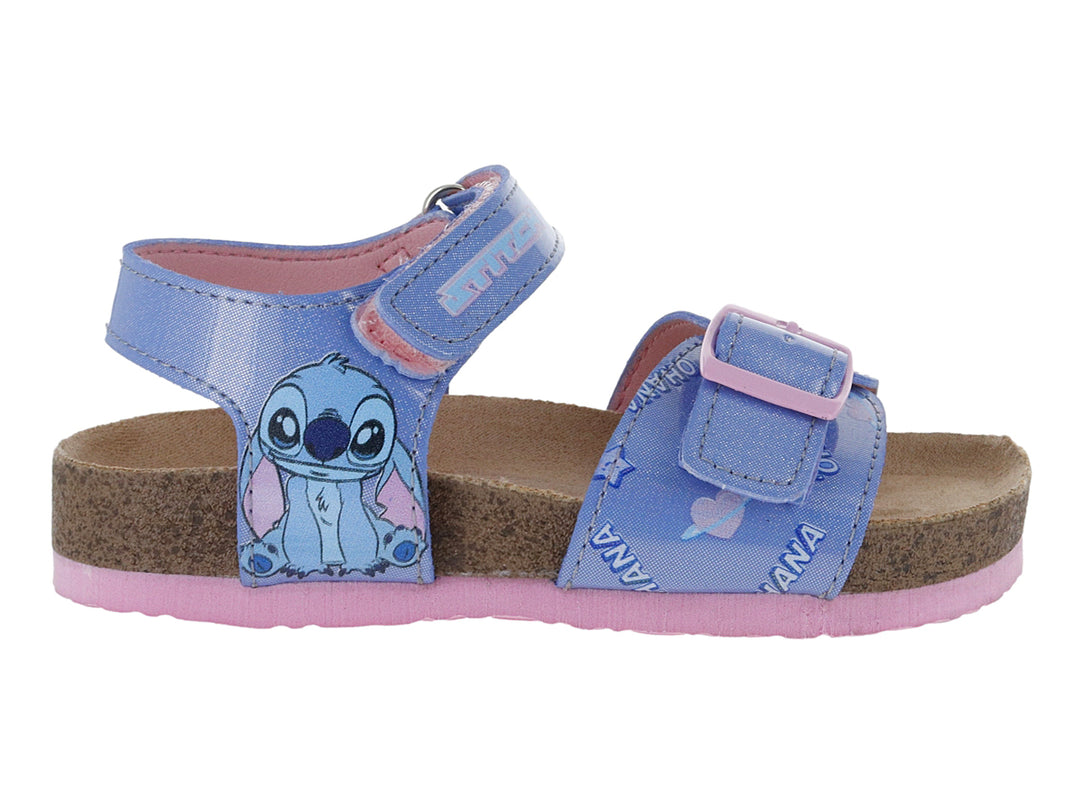 Sandalia azul para niña con plataforma de corcho, detalles en rosa y estampado del personaje Stitch.