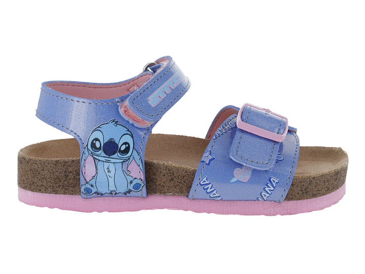 Sandalia azul para niña con plataforma de corcho, detalles en rosa y estampado del personaje Stitch.