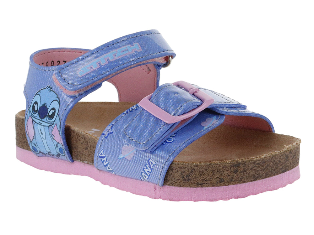 Sandalia azul para niña con plataforma de corcho, detalles en rosa y estampado del personaje Stitch.