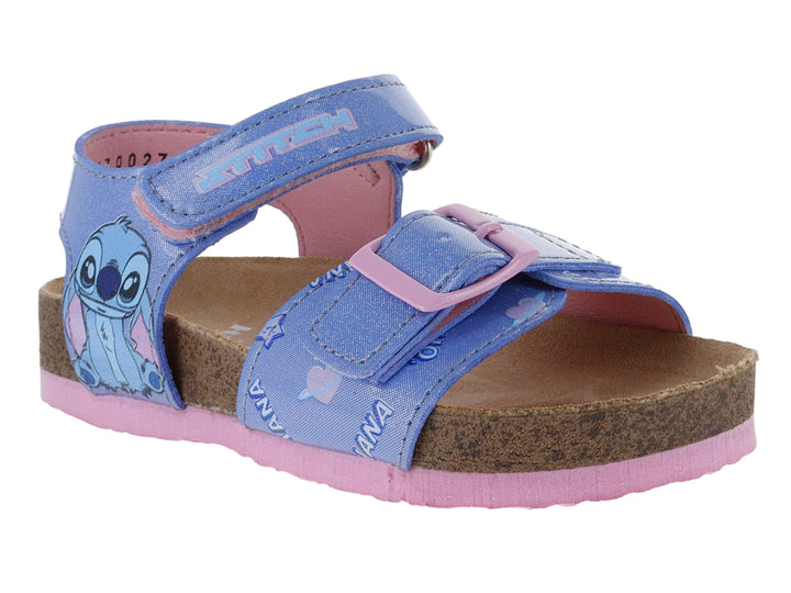 Sandalia azul para niña con plataforma de corcho, detalles en rosa y estampado del personaje Stitch.