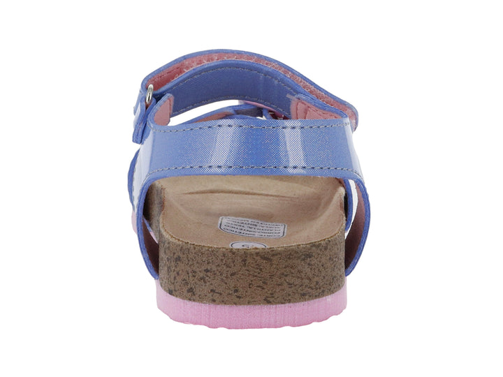 Sandalia azul para niña con plataforma de corcho, detalles en rosa y estampado del personaje Stitch.