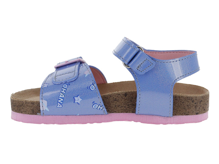Sandalia azul para niña con plataforma de corcho, detalles en rosa y estampado del personaje Stitch.