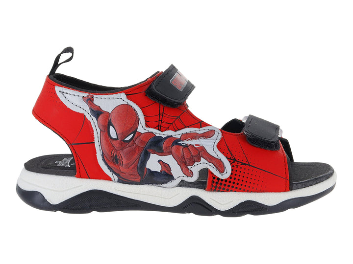 Sandalia roja para niño con estampado de Spider-Man, correas negras y suela blanca y negra