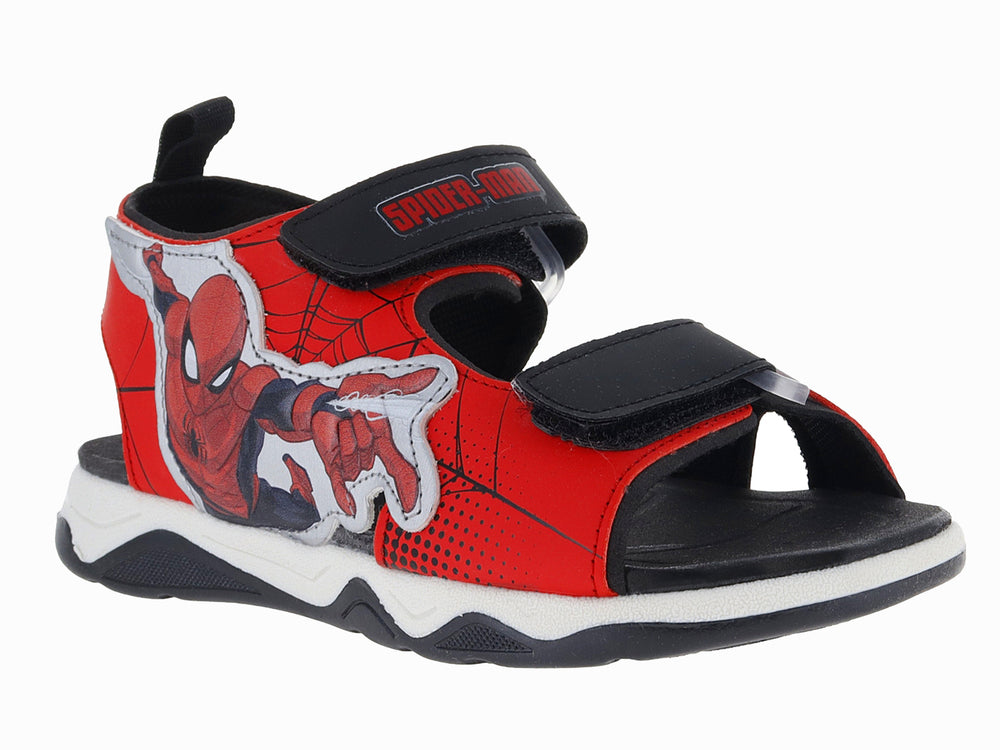 Sandalia roja para niño con estampado de Spider-Man, correas negras y suela blanca y negra